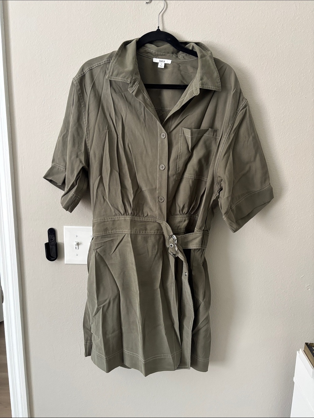 Bar lll Studio Olive Utility Shirt Romper with Belted Waist